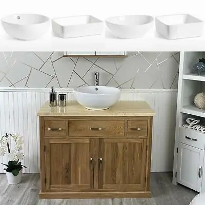 Bathroom Vanity Unit Oak Cabinet Wash Stand Cream Marble Top & Ceramic Basin • £664