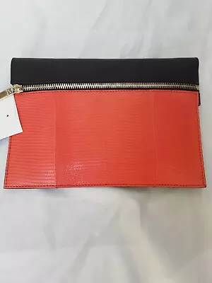 New VICTORIA BECKHAM Black & Tangerine Lizard Small Folio Clutch Made Italy $550 • $228.88