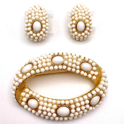 $32 • Buy Vintage Midcentury Milk Glass Cabochon & Beaded Gold Brooch W/ Earrings Set