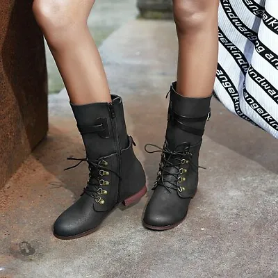 Women Retro Lace Up Low Heels Mid Calf Boots Casual Round Toe Combat Buckle Shoe • $67.54