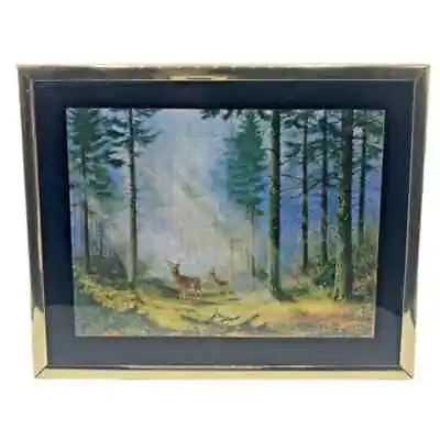 Vintage Foil Art Deer Nature Scene Gold Frame Holographic Like Image • $41.99