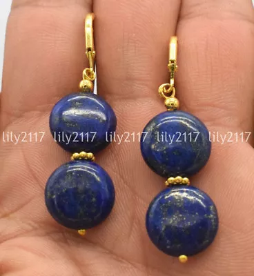 Natural Fashion Blue 14mm Coin Lapis Lazuli Yellow Gold Hook Dangle Earrings AAA • £3.29