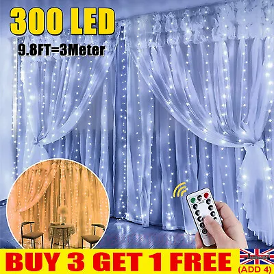 £3.49 • Buy 300 LED Curtain Fairy Lights String Indoor Outdoor Backdrop Wedding Party White-