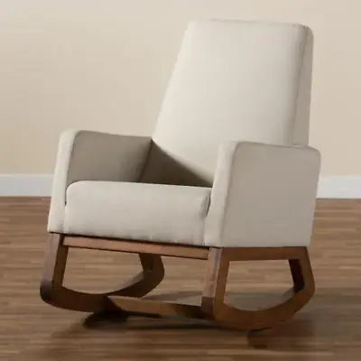 Rocking Chair Beige Fabric Upholstered Mid-Century Foam Padded Seat Yashiya NEW • $425.48