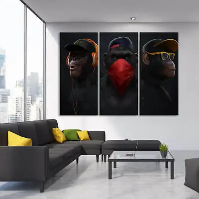 3 Piece Framed Canvas Multi Panel Art - Three Wise Monkeys Modern Wall Decor  • $174.95