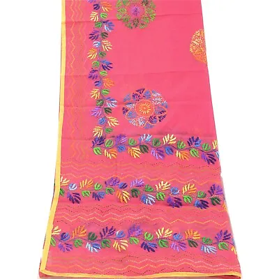 Sanskriti Vintage Pink Dupatta Hand Embroidered Phulkari Stole Cotton Silk Veil • $64.99