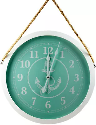 XL 40cm Nautical Round Aqua Blue White Anchor Wall Clock • £25.99