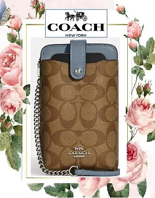 NWT COACH NORTH SOUTH Chain Phone Crossbody In KHAKI MARBLE BLUE Leather Sig CC • $237.56