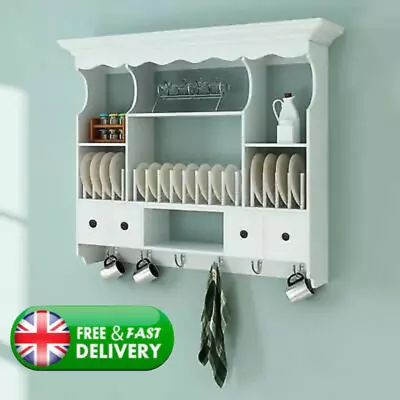 Wall Mounted Kitchen Wooden Cabinet Storage White Dish Rack Display Plate Holder • £210.97