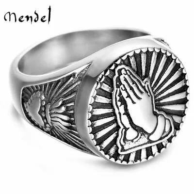 MENDEL Mens Stainless Steel Catholic Sacred Heart Protection Praying Hands Ring • $11.89