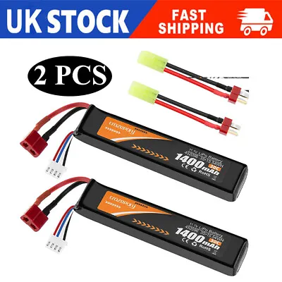 2PCS 11.1V 1400mAh 30C LiPo Stick Airsoft Battery Dean Style Connector T Plug UK • £25.98