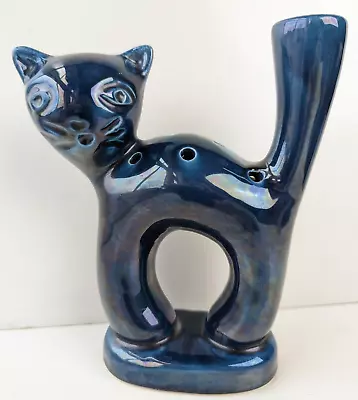 Quirky Bespoke Retro Vintage Blue Cat Vase French Unusual Handmade Pottery MCM • £12.99