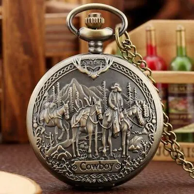 Vintage Antique Cowboy Design Men Women Quartz Pocket Watch Necklace Chain Gift • $4.59