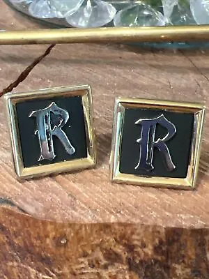 Monogram Initial  R  Letter Font Name Vintage Cuff Links Black & Gold Tone • $10.99