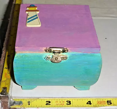 Hand Painted Wood Trinket Box With Lighthouse -Brass Hinges & Hasp ~4 X 4 X 3  • $10