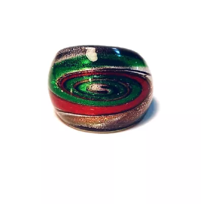 Glass Ring Green Red-Orange Copper Silver Domed Murano-Style Size 8 1/2 • $9.99