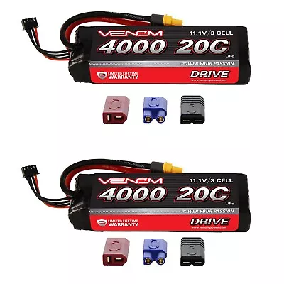 Venom 20C 3S 4000mAh 11.1V LiPo Battery With Universal Plug (2 Packs) • $242.89