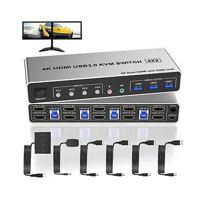 4 Port USB 3.0 KVM Switch Dual Monitor HDMI 4K 60Hz KVM Switch 2 Monitors Fo... • $193.74
