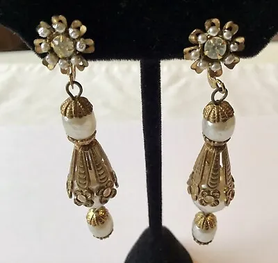 Vintage Miriam Haskell Signed Baroque Pearl And Rhinestone Chandilier Earrings • $199