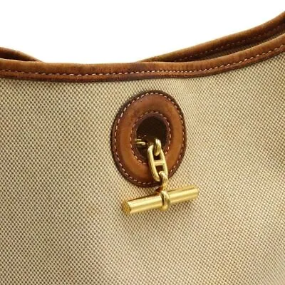$787.57 • Buy HERMES Vespa Pm Toile Ash Shoulder Diagonal Bag Beige Brown Engraved Leather