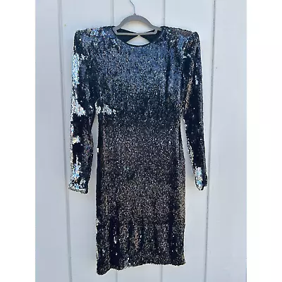 Naeem Khan Black Silver Sequin Cutout Back Cocktail Evening Dress Sz 6 • $125