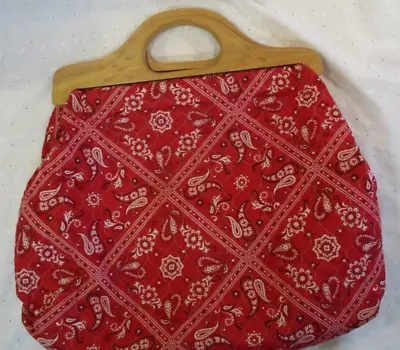 Vintage Knitting Tote Bag Purse Red Bandana W Wooden Handles ~ Crafts Sewing+++ • $24.44