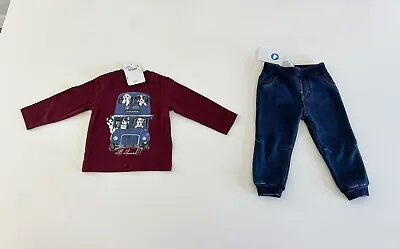 Mayoral Denim Pants+long Sleeve Shirt Set 6-9 Mo New W/Tags Dogs On Bus Design • $19.99