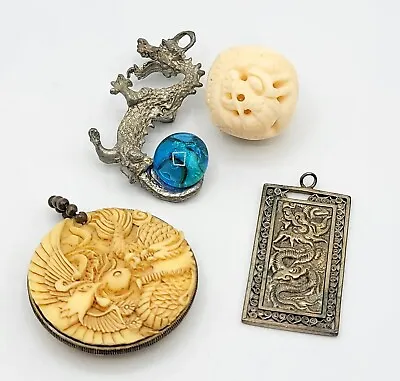 Vintage Lot Of 4 Pendants Dragons Asian Oriental Fashion Jewelry Lucky Dragon • $69.99