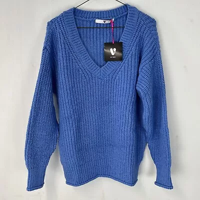 V By Very Chunky Knit V Neck Blue Jumper Oversized UK8 (R7NJF) 44” Bust • £6.75