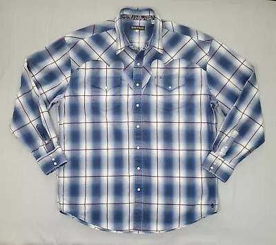 Stetson Ombre Plaid Print Pearl Snap Western Shirt Mens 2XL Blue Long Sleeve • $25