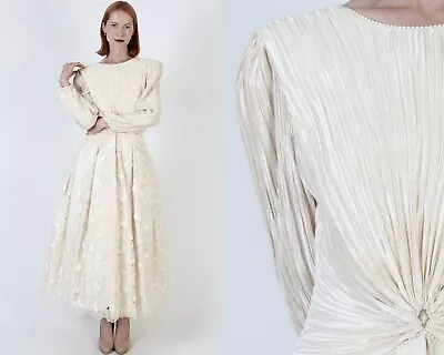 Vtg 80s George F Couture Bridal Dress Accordion Pleat Designer Wedding Prom 12 • $139.65