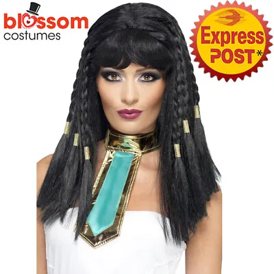 W327 Cleopatra Egyptian Goddess Womens Black Braided Wig Fancy Dress Costume • £14.76