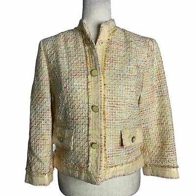 Vintage 90s Boucle Blazer Jacket 8 Yellow Snap Front High Collar ECI New York  • $48.71