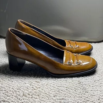 VINTAGE  Via Spiga Dark Mustard Patent Leather Heels Womens Size 8  38.5 Italy • $78