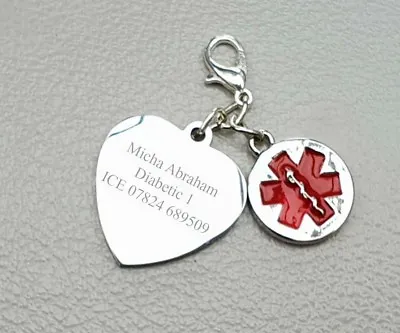 Medical Alert ID Charm Type 1 Diabetes Type 2 Any Information Free Engraving SOS • £6.99