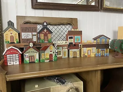 VTG 1980's HAND MADE & PAINTED WOODEN MINI TOWN 15 PIECES  SIGNED M.J.L.#24-63 • $40