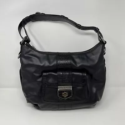 NWT Judith Ripka Black Leather Large Hobo Shoulder Bag ZipTop Turn Lock Pocket • $89.99