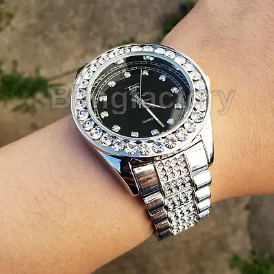 Hip Hop Iced Black Dial Silver PT Migos Bling BIG Simulated Diamond Watch • $26.99