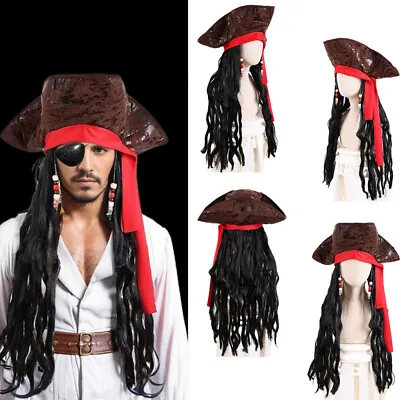 Adults Caribbean Pirate Hat Captain Jack Dress Up Hair Sparrow With Hair Costume • £12.89