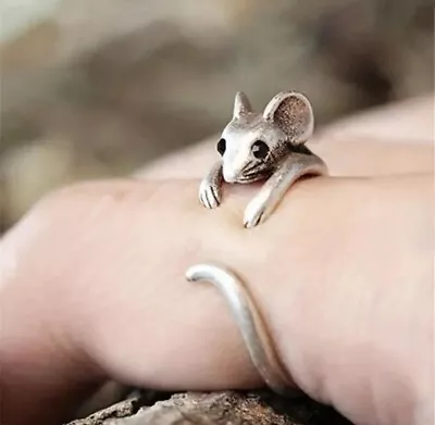 Lovely Vintage Cute Mouse Animal Silver Plated Adjustable Cuff Ring Creative NEW • $9.50