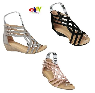 Ladies Wedge Sandals Women's Heels Strappy Summer Dress Party Evening Shoes Size • £9.95