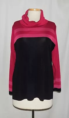 Misook Red Pink Black Striped Acrylic Knit Cowl-Neck L/Slv Tunic Sweater Top L • $45