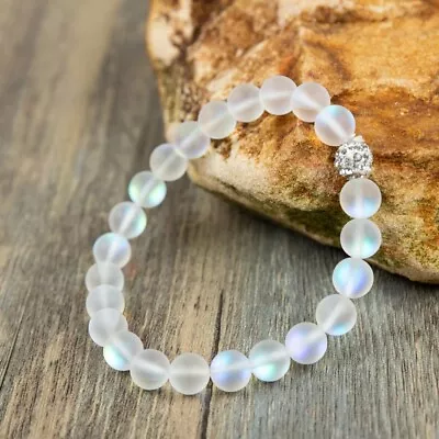 Natural 8mm Mermaid Glass Quartz Bracelet Rainbow Beads Stretch Bracelet • $10.90