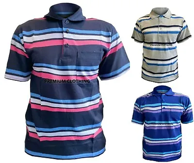 £6.99 • Buy Mens Check Line POLO SHIRTs Pique Summer T-Shirts Regular Work Casual Golf 