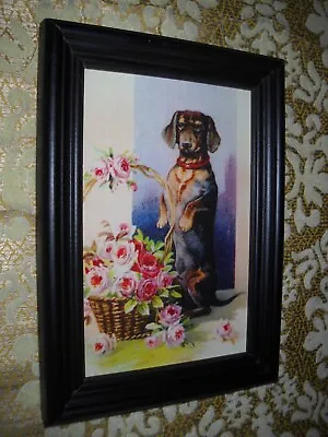 DACHSHUND DOG OFFERS ROSES 4 X 6 Black WOOD Frame Victorian Style Animal Picture • $14.99