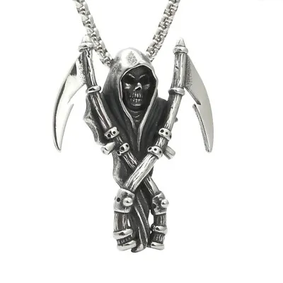 Stainless Steel Men's Death Skeleton Skull Grim Reaper Pendant Necklace • $23.74