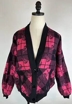 Vintage 80s 90s Hot Pink Flannel Jacket M / L Plaid Paisley Cardigan Preppy Cute • $22.49