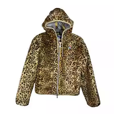 RARE K-WAY Faux Fur Lily Peluche Beaver Hooded Jacket Leopard Sz 8 Chest 82-86cm • $149.99