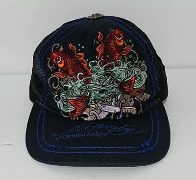 Ed Hardy Koi Fish By Christian Audigier Black / Blue Adjustable Trucker Hat Cap • $29.99