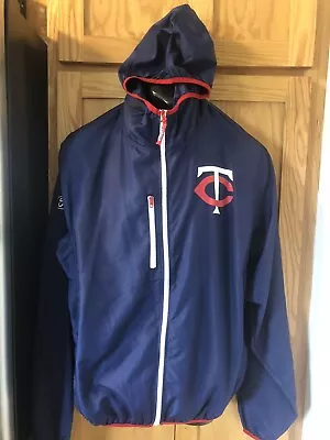 Minnesota Twins MLB Windbreaker Jacket Full Zip Blue Hooded Ford Adult Size XL • $22.95